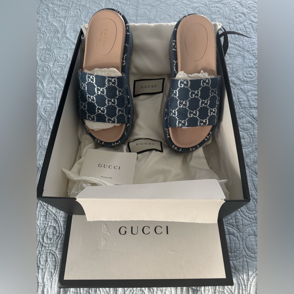 Gucci Angelina Women's Blue  Platform Slide Sandals
